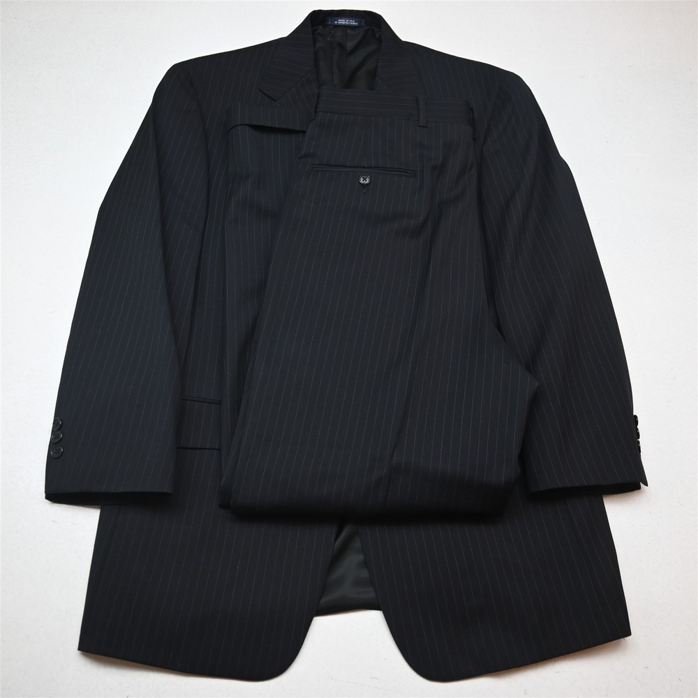 Vtg USA Made 2000s Boxy Austin Reed 41R 33x32 Black Striped 100% Wool Mens Suit